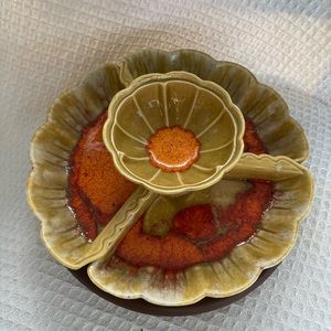 Vintage USA 913 Pottery Lazy Susan Divided Relish Dish Set